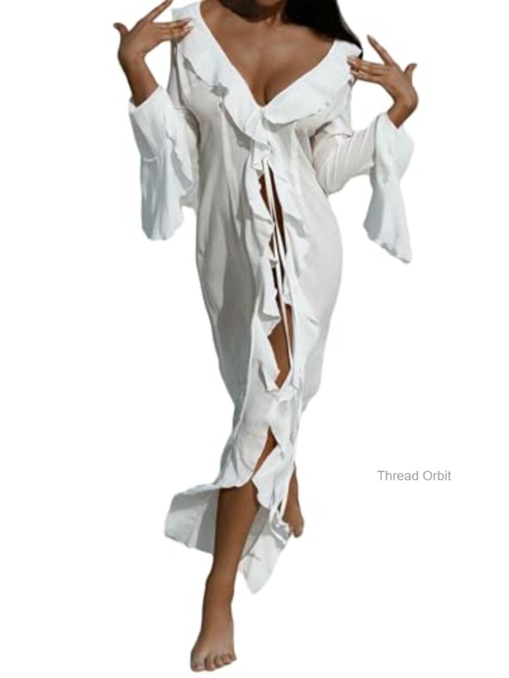 Women Chiffon Bell Sleeve Long Beach Cover Up Tie Front Kimono Dress
